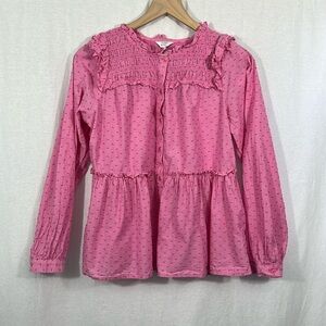 Crown & Ivy Smocked Button Ruffle Pink Top Womens Size XS Feminine Coquette